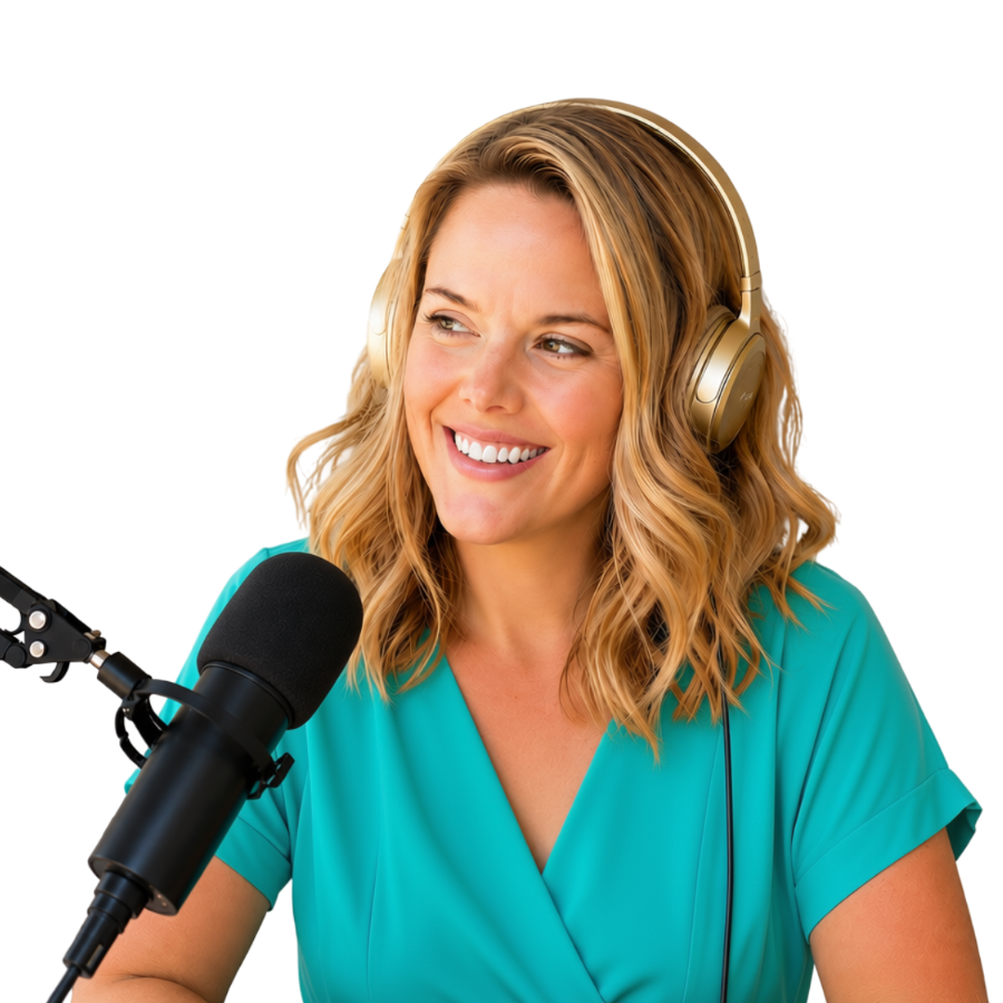 Meghan French Dunbar recording the Unbehaved podcast in headphones